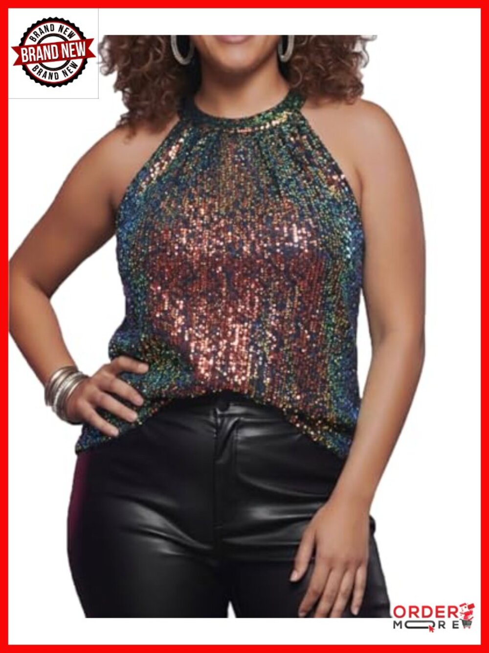 Sequin Halter Tank Top Sparkly Glitter Club Disco Concert Sleeveless Shirt